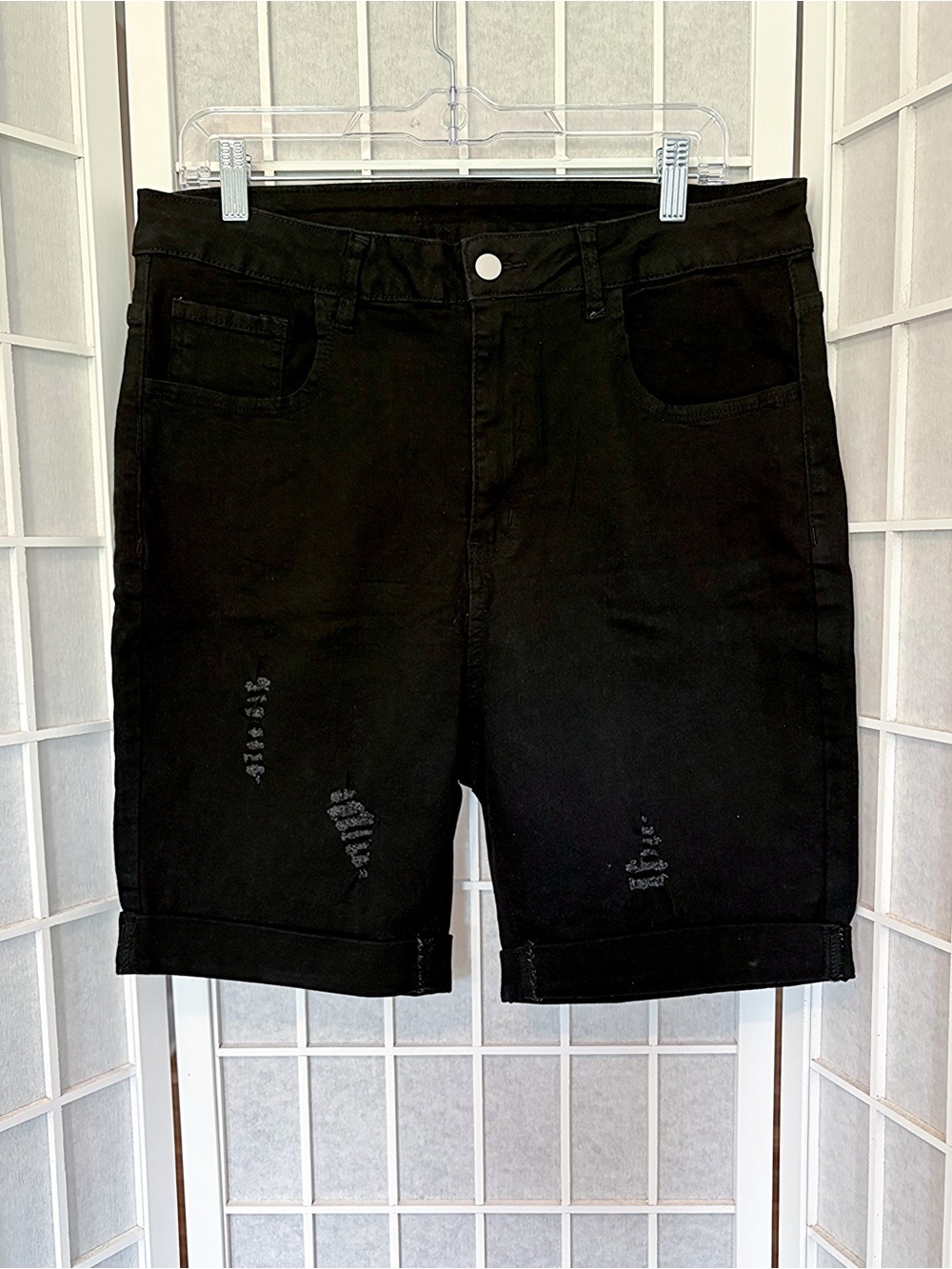 SHEIN Black Distressed Roll-Cuff Stretch Denim Shorts 2X
